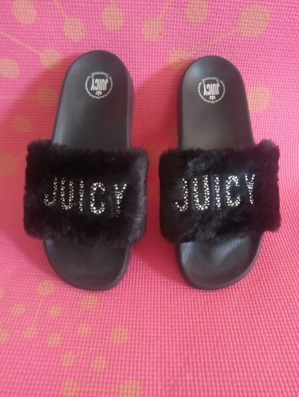 Juicy Couture Black Furry Slippers Sz 10 Slip On Slides